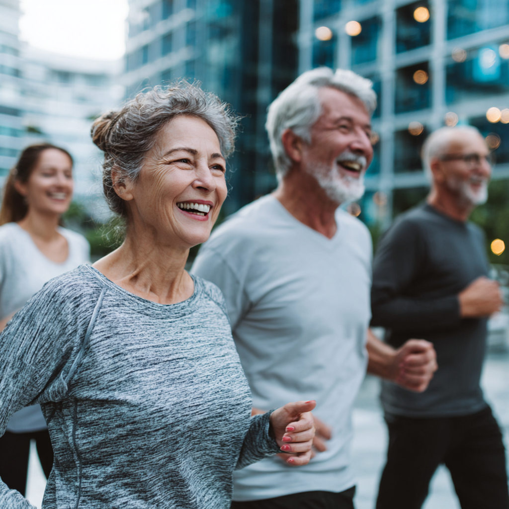 Усмихнати възрастни българи от различни възрасти практикуват фитнес упражнения в модерна зала