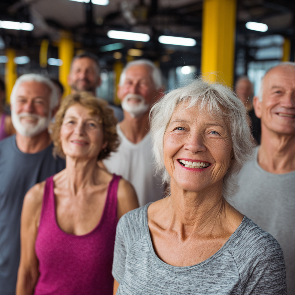 Група от усмихнати българи от различни възрасти правят упражнения на открито в градска среда
