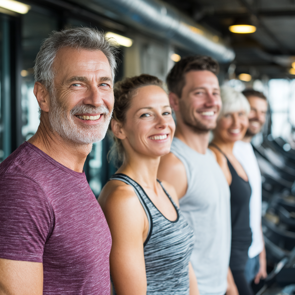 Различни възрастни български хора с усмихнати лица демонстрират резултати от фитнес програмата в съвременна зала